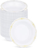 100 Pack White Plastic Bowls with Gold Rim, 12oz Disposable Soup Bowl, Heavy Duty Dinner Bowls for Party, Weddings, Dinners, Catering and Everyday Use