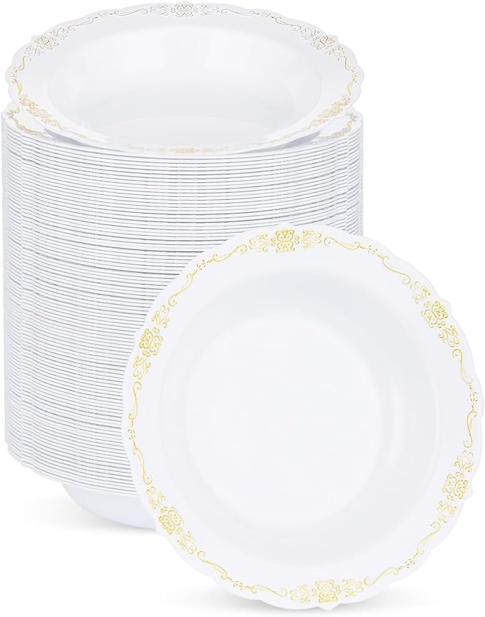 100 Pack White Plastic Bowls with Gold Rim, 12oz Disposable Soup Bowl, Heavy Duty Dinner Bowls for Party, Weddings, Dinners, Catering and Everyday Use