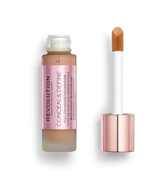 Revolution Beauty, Conceal & Define Foundation, Full Coverage, Long-Lasting Matte Finish, Vegan & Cruelty Free, F11 Medium to Dark Skin Tones, 0.8 Fl.Oz.-BrightBean Baby