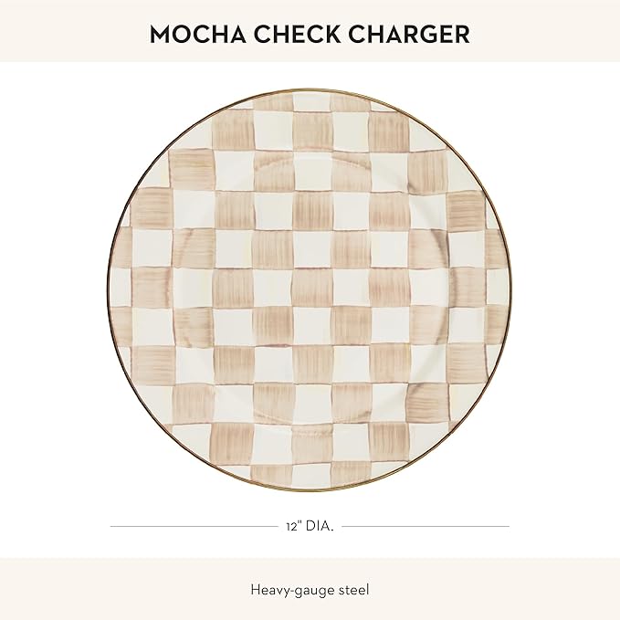 MACKENZIE-CHILDS Enamel Charger Plate, Charger Decoration Plate for Dinner Plates or Home Decor, 12 Inches, Brown-and-White Mocha Check