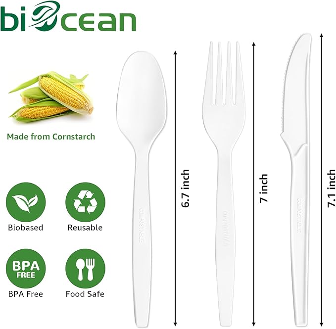 Extra Heavyduty Compostable Cutlery Set No Plastic Forks Spoons Knives Disposable Utensils Biodegradable Fork Eco Friendly Silverware Serving Flatware for Party,BBQ,Daily Use,Events,Picnic