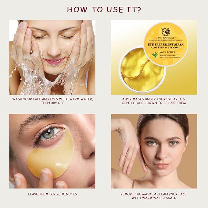 120PCS Under Eye Patches 24K Gold Eye Mask with Aloe Vera Natural Ingredients, Moisturizing Skin Care with Hyaluronic Acid and Collagen for Anti-Wrinkle, for Dark Circles and Puffiness-BrightBean Baby
