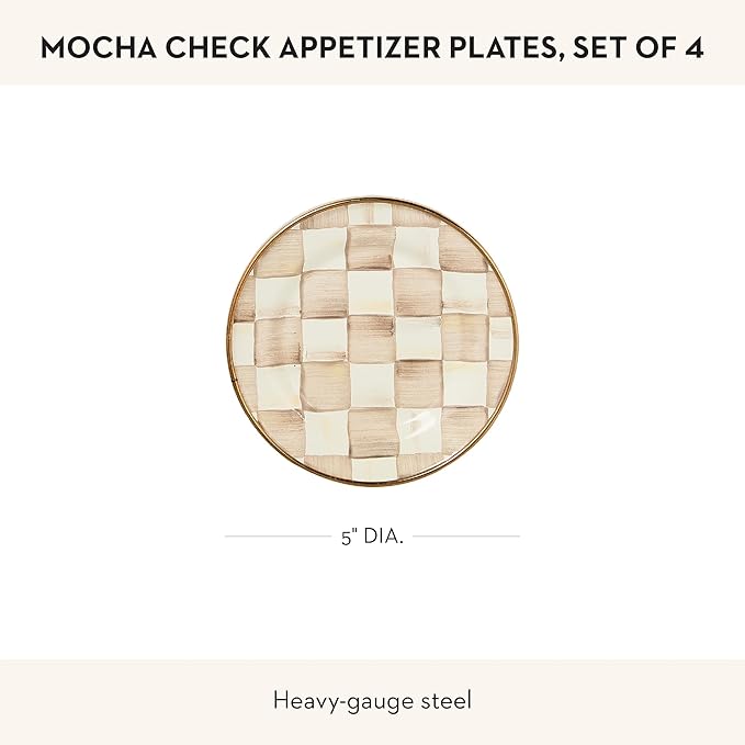 MACKENZIE-CHILDS Set of 4 Enamel Appetizer Plates, Decorative Dinnerware Plate, 5 Inches, Brown-and-White Mocha Check