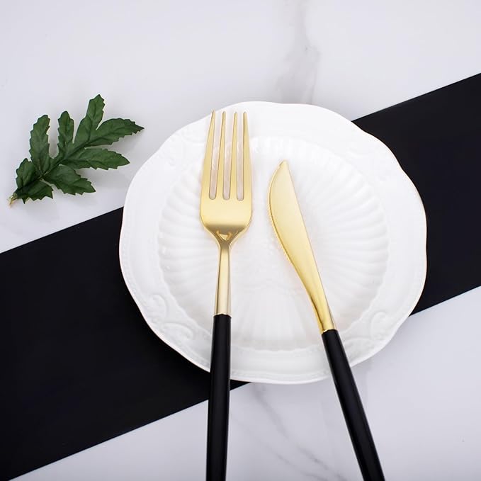 I00000 60 Pack Gold Silverware Set with Black Handle,Heavy Duty Black Plastic Cutlery Include 20 Forks 20 Knives 20 Spoons, Plastic Utensils Set for Party