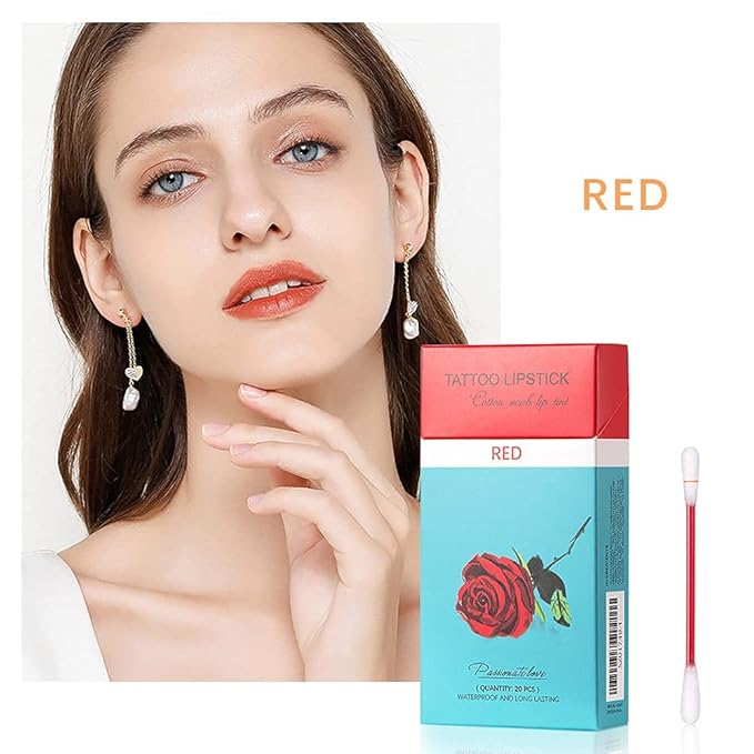 FLIPNEX 20Pcs Cotton Swab Tattoo Lipstick, Tattoo Lipstick Cotton Swab Lip Tint, Waterproof and Long Lasting Liquid Non-Stick Portable Lip Gloss (Red)-BrightBean Baby