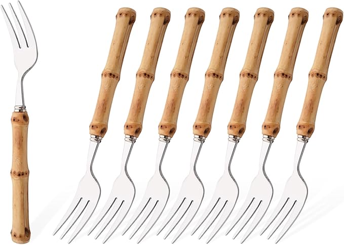 8-Piece Natural Bamboo Small Dessert Forks, 6.3 Inches Stainless Steel with Bamboo Handle, Cake Forks
