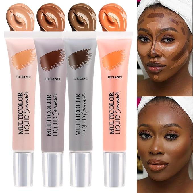 Liquid Concealer Makeup 4Pcs,Corrector Foundation for Black Women Oily Dry Skin, Foundation Concealer in One Primer Face Makeup Full Coverage, Advanced Pore Minimizer, Lightweight All-Day Hold,0.67 oz-BrightBean Baby