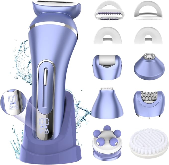 Electric Shavers for Women, 7 in 1 Hair Removal Kit with Epilator Bikini Trimmer Face Razor Body Brush Face Massager Foot Callus Remover, IPX7 Waterproof Lady Razors Set for Legs Armpit Bikini Pubic-BrightBean Baby