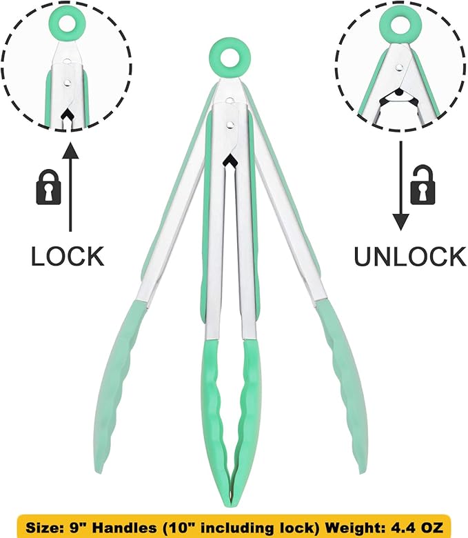 Kitchen Cooking Tongs with Silicone Tips 9-Inch Food Tongs, Set of 3 (Mint)