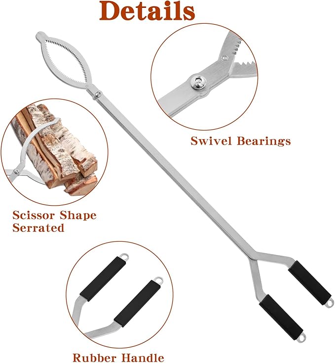 32" Stainless Steel Fire Log Tongs Firewood Grabber and Fire Poker Set,Large Fire Pit Tool Outdoor/Indoor Bonfire Campfire Backyard Deck Camping Log Grabber Safely Moves Firewood