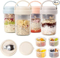 4 Pack Overnight Oats Containers with Lids and Handles, Folding Spoons & Divided Compartments for Fruit & Nuts, 16oz Glass Mason Jars for Oatmeal, Meal Prep & Breakfast (Cream/Blue/Gray/Pink)