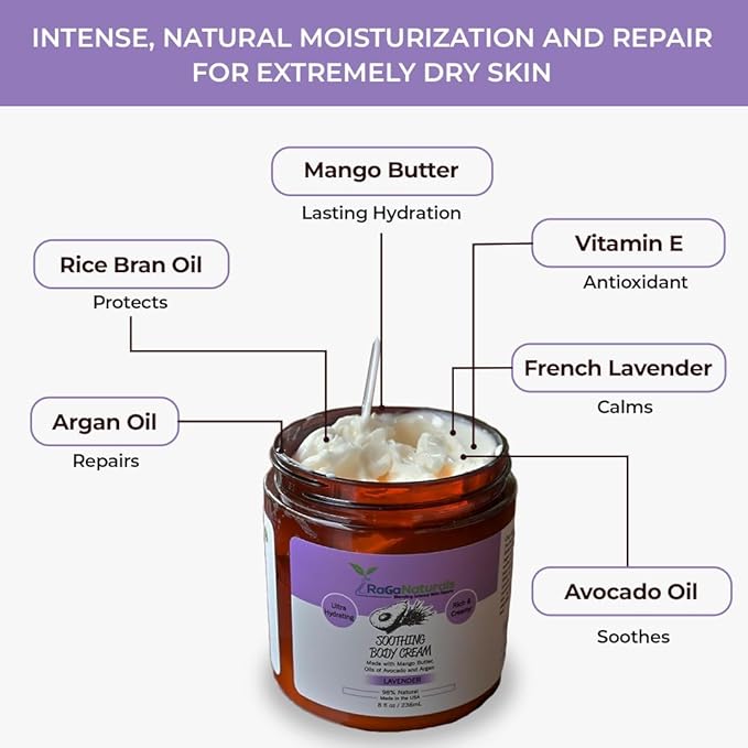 RaGaNaturals Natural Face and Body Butter Cream for Dry Skin - Calming, Nourishing & Hydrating Lavender Body Cream for Women, Men & Kids - Softens Skin and Delivers Healthy-Looking Glow - Vegan - 8 Oz-BrightBean Baby