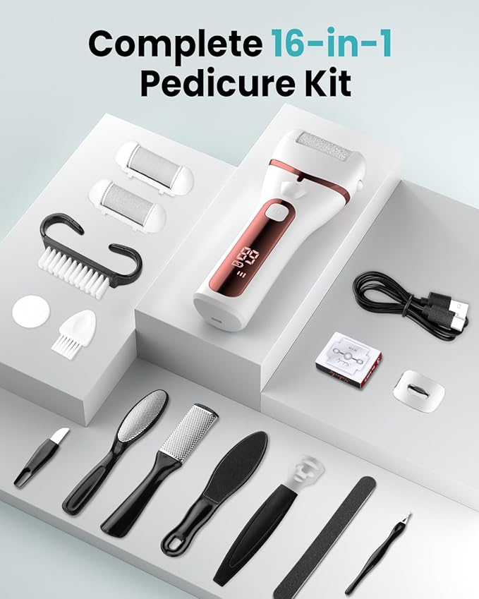 PUBOO Foot Callus Remover Electric 10000 RPM 3-Speed IPX7 Rechargeable Pedicure Kit for Hard Skin Women & Men. Portable Multi-Roller File Grinder Sander Scrubber with LED Display for Wet & Dry Feet-BrightBean Baby