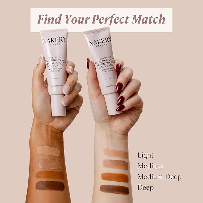 Nakery Full Coverage Plumping Liquid Foundation - Serum Infused Makeup with Niacinamide & Hyaluronic Acid for All Skin Types - Medium-BrightBean Baby