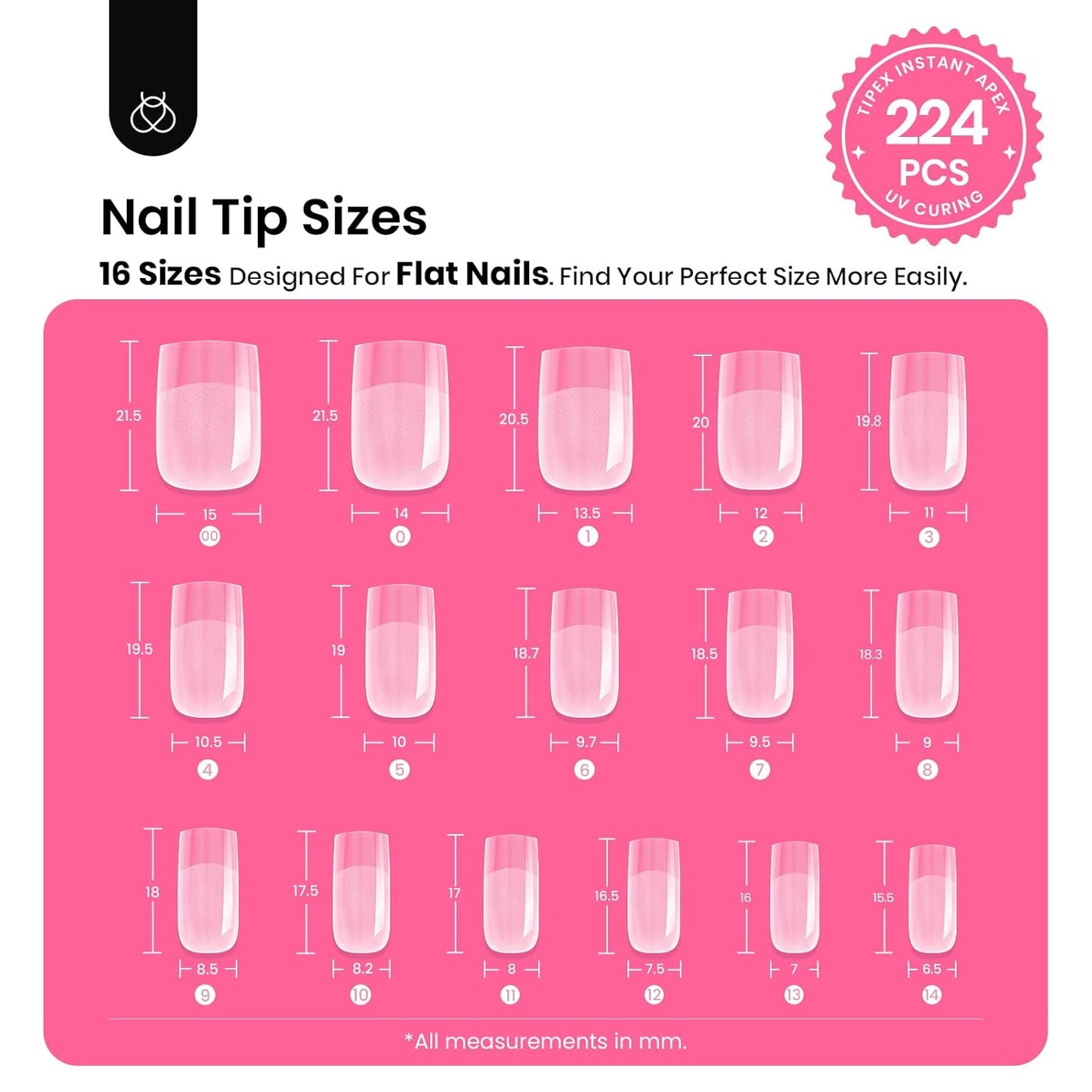 Beetles Tipex Instant Apex Nail Tips Kit Short Square , 224 Pcs Pre-Building Pre-Etched False Nail Tips with Tipex Nail Glue, Mini Nail Lamp-Thick Acrylic Nail Tips Set-BrightBean Baby