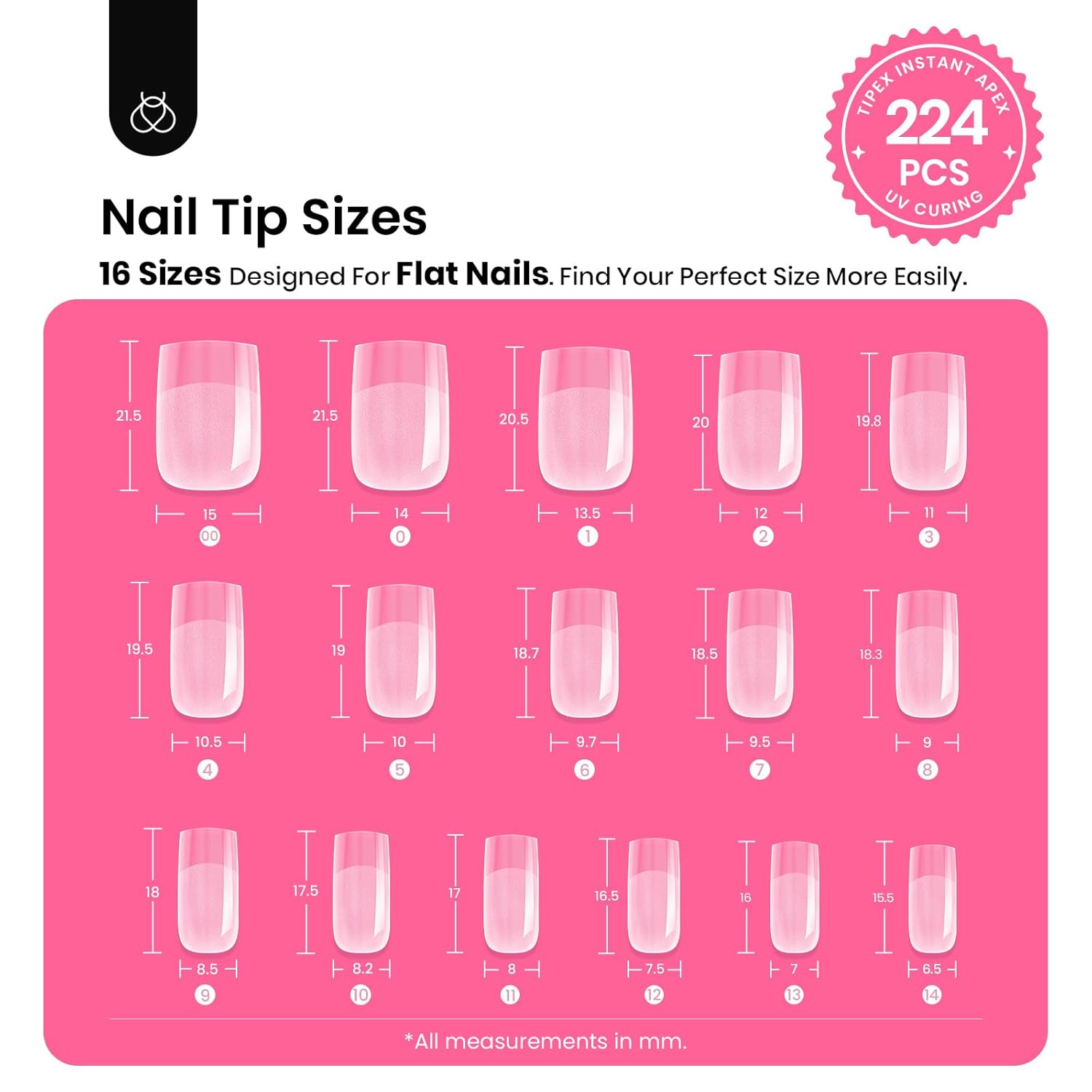 Beetles Tipex Instant Apex Nail Tips Kit Short Square , 224 Pcs Pre-Building Pre-Etched False Nail Tips with Tipex Nail Glue, Mini Nail Lamp-Thick Acrylic Nail Tips Set-BrightBean Baby