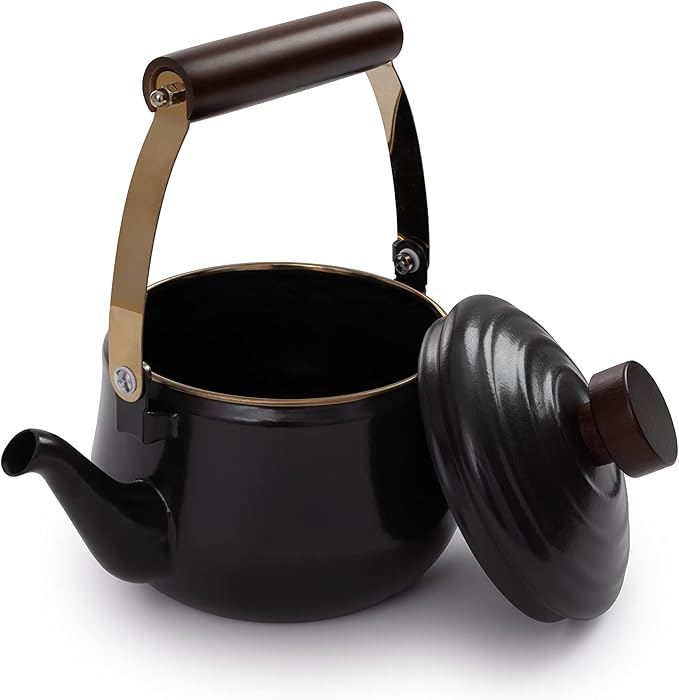 Barebones Enamel Teapot - Vintage Inspired Design - Baked Stainless Steel Rim - FSC Certified Natural Walnut Tea Kettle - 1.5 Liters, 6 Cups (Charcoal)