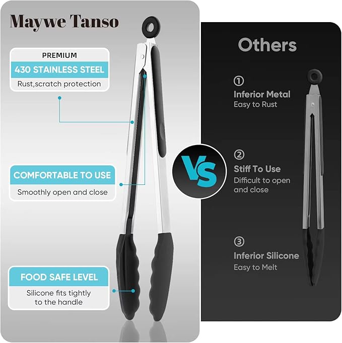 600℉ Heat Resistant Kitchen Tongs for Cooking with Silicone Tips,Maywe Tanso 12-Inch Stainless Steel Locking Cooking Tongs Food Tongs for BBQ,Cooking,Salad and Serving Food,Heavy Duty,Non-Stick,Black