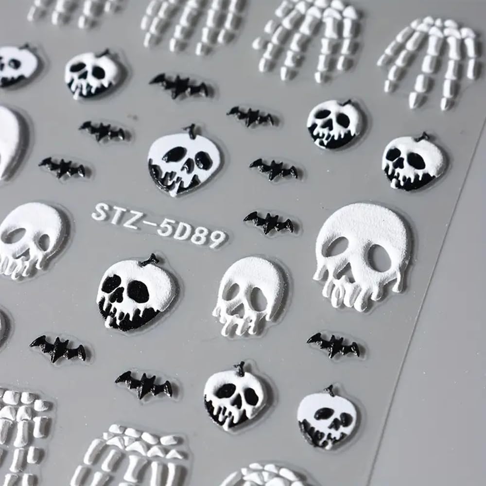 2 Pcs Halloween Nail Art Stickers 5D Embossed Scary Skull Self-Adhesive Nail Decals Halloween Stickers Bat Bones of The Dead Designs Nail Decorations Holiday DIY Acrylic Nail Accessories for Women-BrightBean Baby