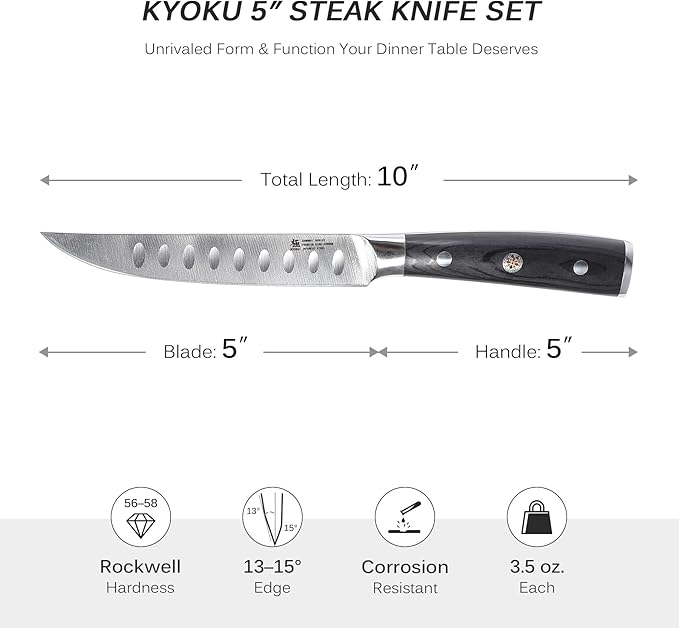 KYOKU Steak Knife Set of 6, Samurai Series 5" Steak Knives, Non Serrated High Carbon Steel Knives Set with Case Pakkawood Handles Mosaic Pins Sheaths, Ultra Sharp Dinner and Kitchen Knife Cutlery Set