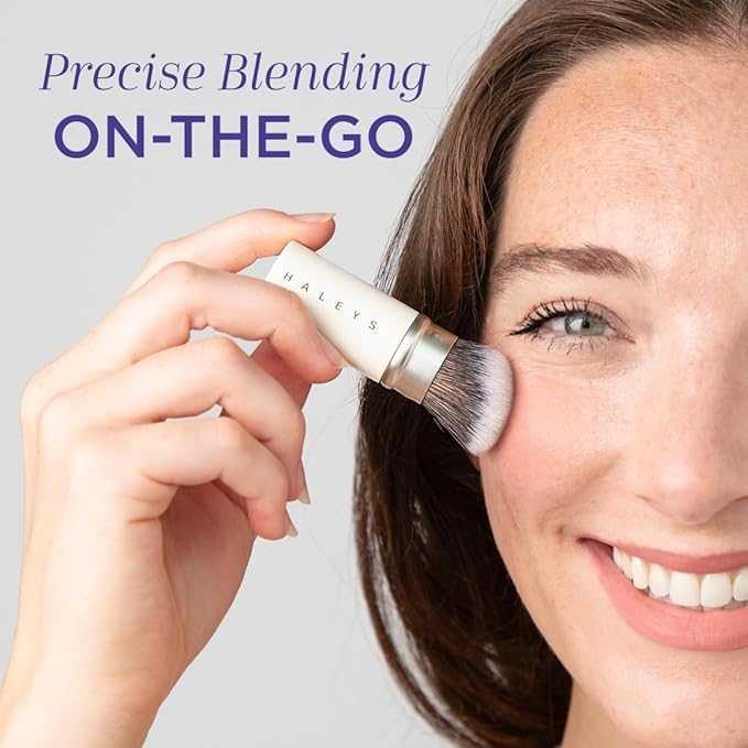 HALEYS Retractable Face Brush, VEGAN Dense, Angled Bristles & Adjustable Sleeve, Portable Makeup Brush for Quick, Easy Streak-Free Blending of Liquids, Creams, Powders, Travel-friendly Mess-Free Cap-BrightBean Baby