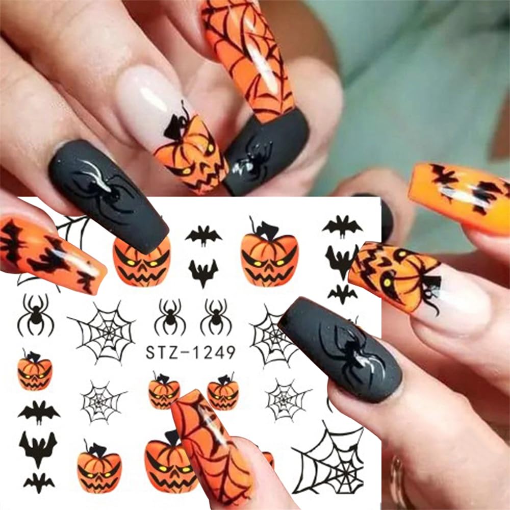 12 Sheets Halloween Nail Art Sticker Decals Horror Water Transfer Nails Foils Pumpkin Ghost Skull Spider Blood Evil Eye Halloween Design Nail Art Decoration Nail Slider Decal for Women DIY Nail Supply-BrightBean Baby