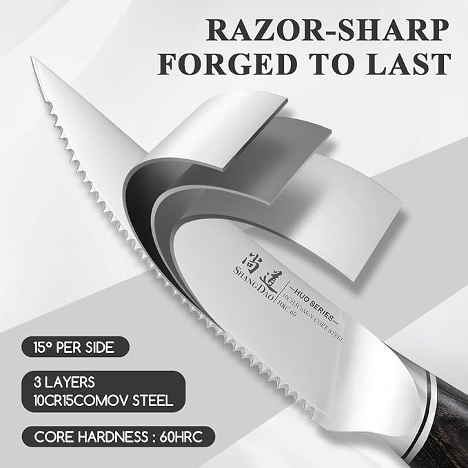 SHANGDAO Steak Knives Set of 6, Kitchen Steak Knife 4.5 Inch, 10Cr15CoMoV Core Steel High Carbon Stainless Steel Steak Knives, Serrated Steak Knife with Pakkawood Handle, Gift Box
