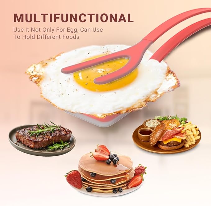 Silicone Egg Flipper Spatula Tongs (Set of 1) – Non-Stick 2-in-1 Grip & Flip Kitchen Tongs for Pancakes, Fish, Eggs, and More – Heat Resistant Cooking Tool (Red)