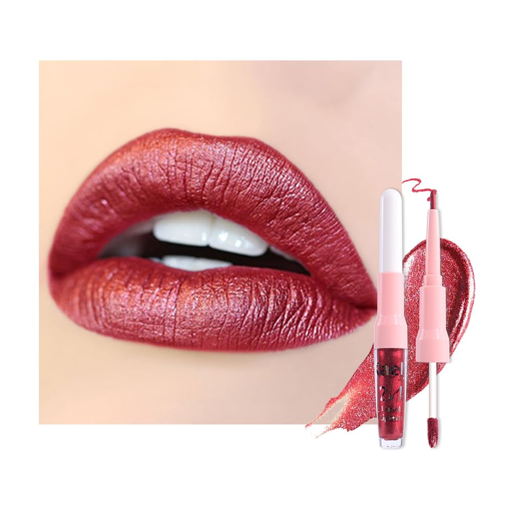 Kaely 2-in-1 Dark Red Metallic Lipstick and Lip Liner, Shimmer Liquid Metallic Lipsticks for Women, Glitter Lip Gloss Stain Long Lasting Waterproof Smudge Proof 24 Hour, Vegan Makeup, 01-BrightBean Baby