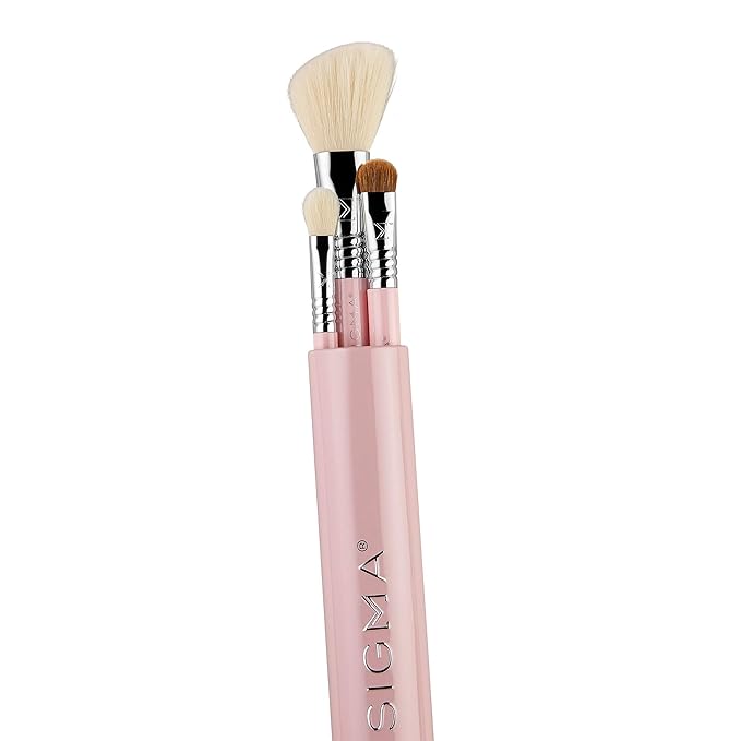 Sigma Beauty Travel Essential Trio - Makeup Brush Set for Foundation Powder Eyeshadow - 3 Tool Brushes with Brush Tin Holder - - Skin Safe, Vegan Makeup Brushes for Travel - Light Pink-BrightBean Baby