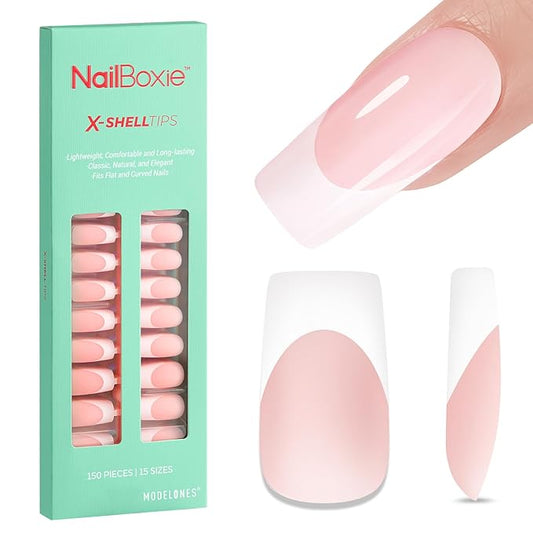 modelones French Tip Press on Nails, 150Pcs Long Square Fake Nails with Nail Box, Pink & White Gel Nail Tips for Women, Soft Glue-On Nails for Natural Salon Look, DIY Nail Art Kit (15 Sizes)-BrightBean Baby