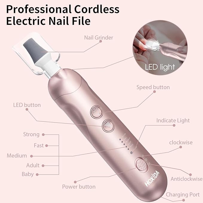 Cordless Electric Nail File Set, Rechargeable Pedicure Tools for feet, Professional Manicure Pedicure Kit 5 Speeds Hand Foot Care Nail Drill for Thick Nail Toenail Cuticle Women Men Pets-BrightBean Baby