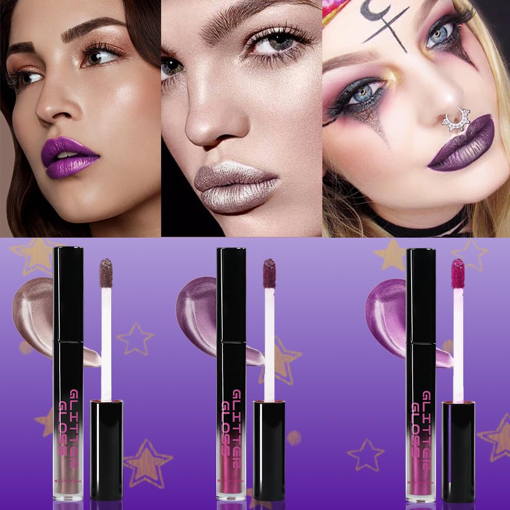 Taupe Purple Dark Purple Metallic Lipstick for Women,Glitter Sparkling Liquid Lipstick,Long Lasting Waterproof Lightweight Non-Drying Bold Dark Lip Gloss for Gothic Stage Makeup,Vegan-BrightBean Baby