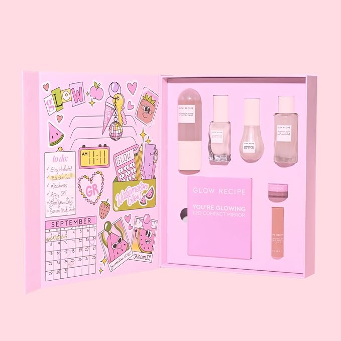 Glow Recipe Back to School Essentials Korean Skin Care Set - Watermelon Fine Mist, Dew Drops, PHA Facial Toner, Pink Juice Moisturizer, Strawberry Blur Drops, Glossy Balm & Compact Mirror (7 Count)-BrightBean Baby