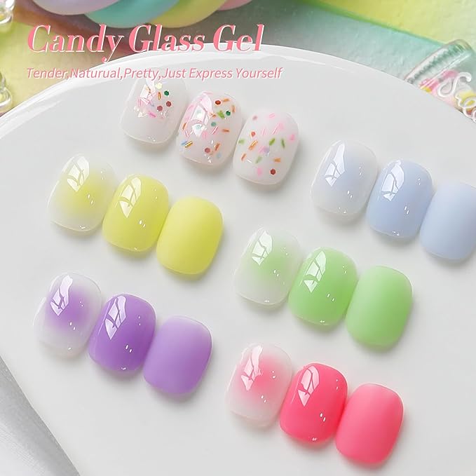 Born Pretty Jelly Pastel Gel Nail Polish 6 Colors Spring Summer Yellow Green Blue Purple Pink Candy Sweet Colors Apex Building Effect Gel Polish Kit Nail Art Gel Manicure Kit DIY at Home Salon Gifts-BrightBean Baby