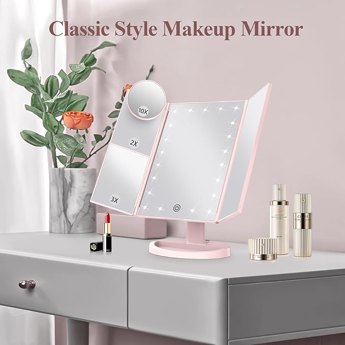 HUONUL Makeup Mirror Vanity with Lights, 2X 3X 10X Magnification, Lighted Mirror, Touch Control, Trifold Dual Power Supply, Portable LED Women Gift (Pink)-BrightBean Baby