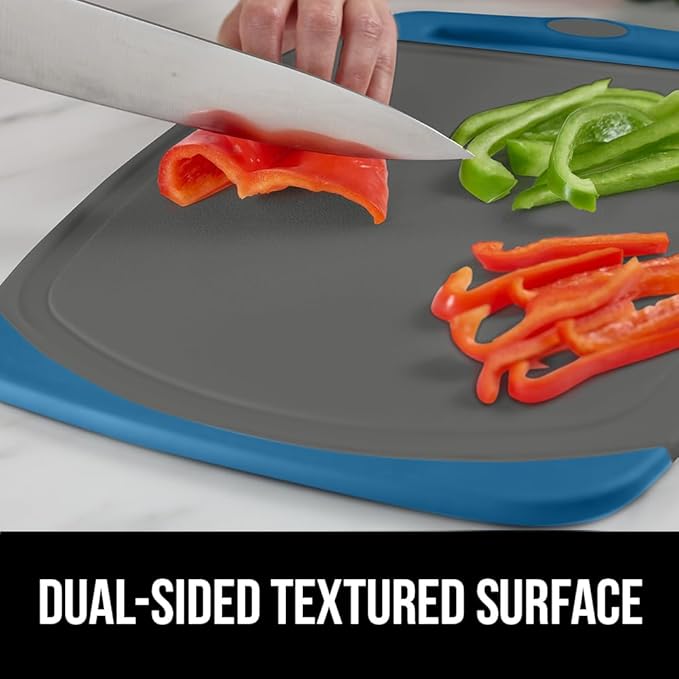 GORILLA GRIP BPA-Free Reversible Kitchen Cutting Board Set of 3, US Designed, Nonporous, Juice Grooves Catch Liquid, Slip Resistant Border, Dishwasher Safe, Durable Food Chopping Boards, Blue Gray