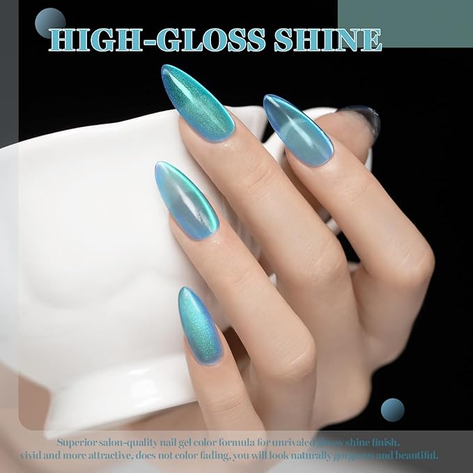 RARJSM Blue Cat Eye Gel Nail Polish Set 6pcs Reflective Diamond Glitter Clear Light Gray Sea Blue Green Tone Glass Cateye Gelpolish with Magnet Stick 7.5ml Curing Requires Soak Off for Home Salon-BrightBean Baby