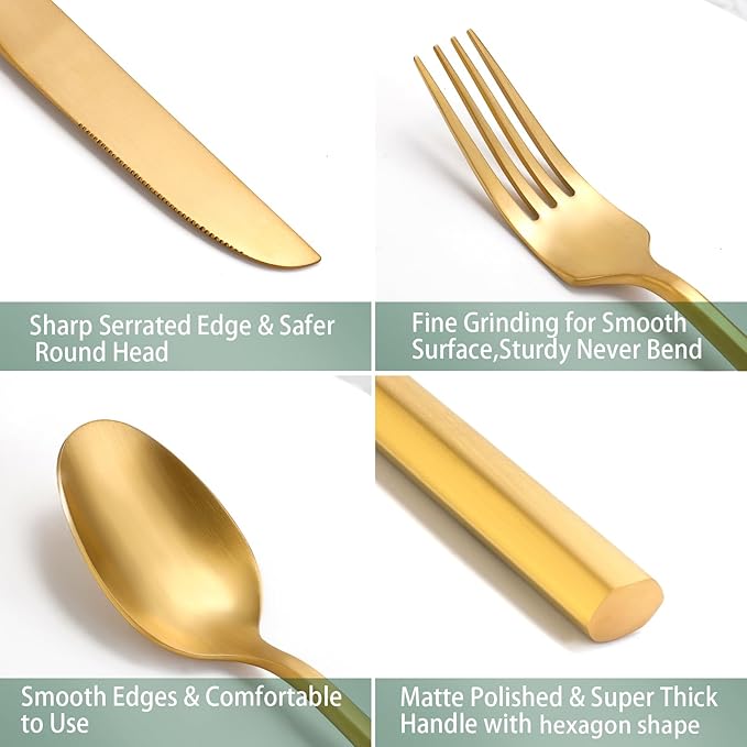 DEACORY Silverware Set Flatware Set Matte Gold Cutlery Set Heavy Hexagon Handle Stainless Steel 60 Pieces Dishwasher Safe Service for 12