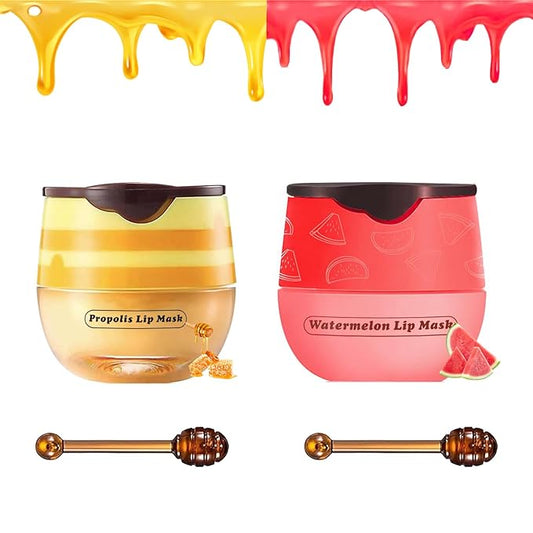 2 PCS Bee Lip Balm Honey Pot, Honey Watermelon Bee Lip Balm Sleeping Lip Mask Overnight with Sticks, Honey Pot Lip Balm Hydrating Exfoliating Prevention Dry and Crack Lip Scrubs-BrightBean Baby