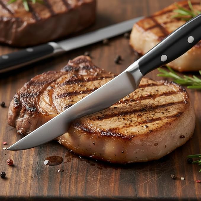 Alata 8-Piece Steak Knives Set with Acacia Block Built-in Sharpener, 4.7 Inch Non Serrated Razor-Sharp Dinner Knives, Full-Tang Construction, Dishwasher Safe