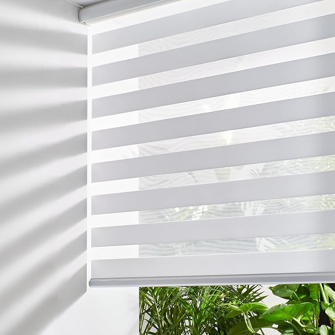 Persilux Cordless Zebra Blinds for Windows Dual Layer Roller Blinds (66"W x 64"H, White) Free-Stop Roller Blinds for Sliding Doors, Light Control for Day and Night, Light Filtering Sheer Roller Shades