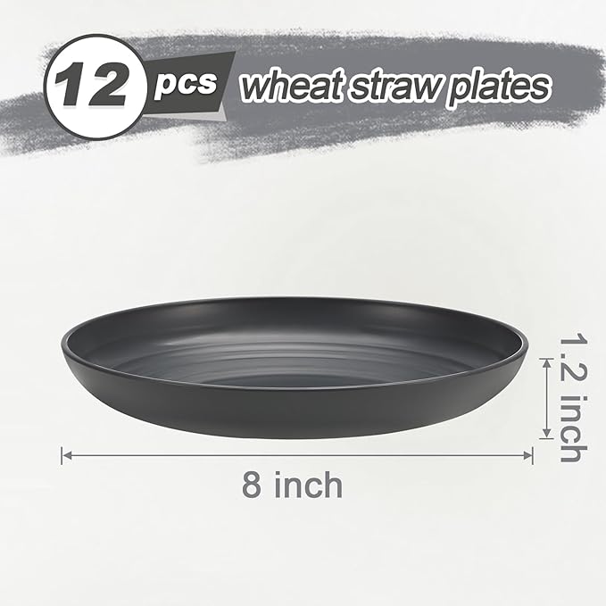 12 Pcs Unbreakable Deep Dessert Plates Set, 8 inch Reusable Plastic Wheat Straw Plates, Microwave and Dishwasher Safe Plate for Kitchen, Lightweight Plate for Dessert, BPA Free, Dark Gray