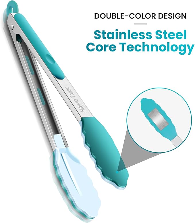 600℉ Heat Resistant Kitchen Tongs for Cooking with Silicone Tips,12-Inch Stainless Steel Locking Cooking Tongs Food Tongs for BBQ,Cooking,Salad and Serving Food,Heavy Duty,Non-Stick (Turquoise)