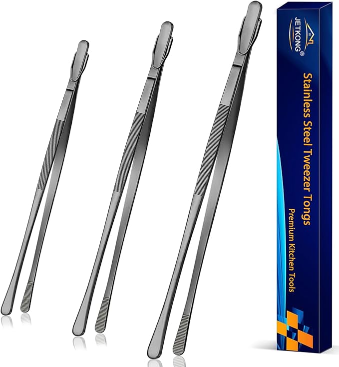 JETKONG 3Pcs Extra Long Kitchen Tweezers Heavy Duty Stainless Steel Cooking Tweezers (9 12 14 Inch, Black)