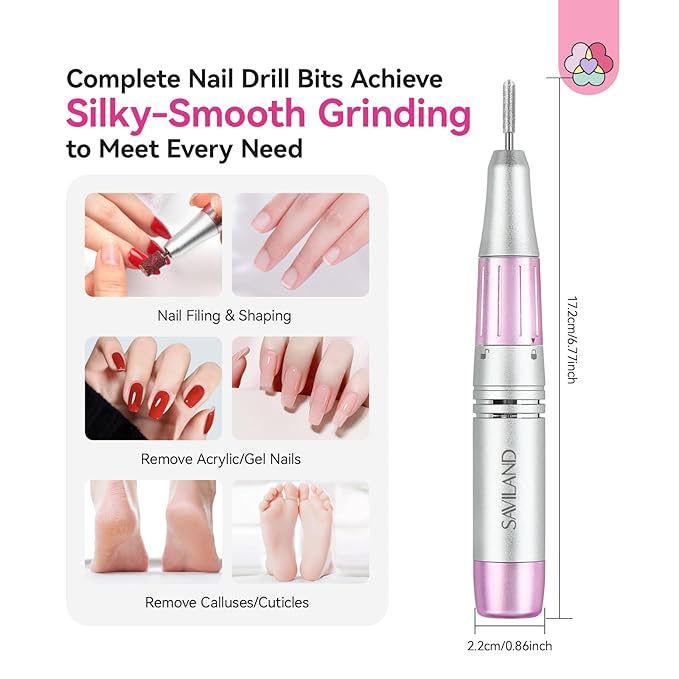 SAVILAND Essentials Electric Nail Drill: 40000RPM High-Torque Nail File Quick Removal for Acrylic Nails Easy Operation Portable Nail Drill for Beginner Home DIY Nail Art Manicure Pedicure-BrightBean Baby
