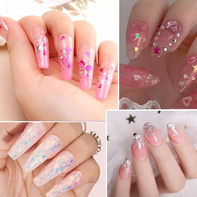 12 Grids Star Nail Art Glitter Sequins Heart Shaped Mermaid Nail Sequins Holographic Mermaid Nail Flakes Sticker Sequin Heart Nail Art Glitter for Women DIY Acrylic Nail Decoration-BrightBean Baby