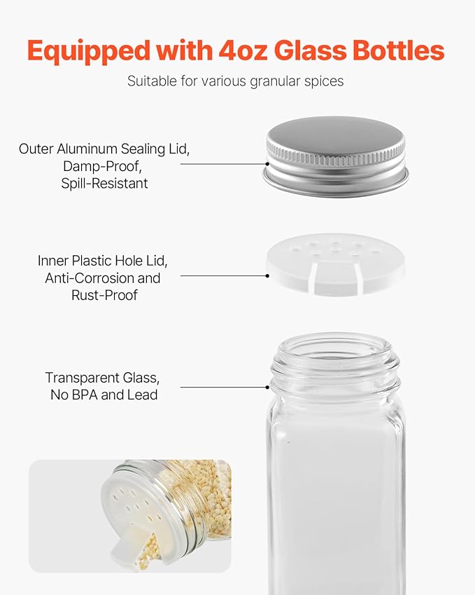 VEVOR Spice Rack Organizer for Cabinet, Spice Organizer with 36 Empty Spice Jars, Lids, Spice Labels, and Funnel Complete Set, Seasoning Organizer for Countertop, Kitchen, Pantry, Cupboard, 18x11 in