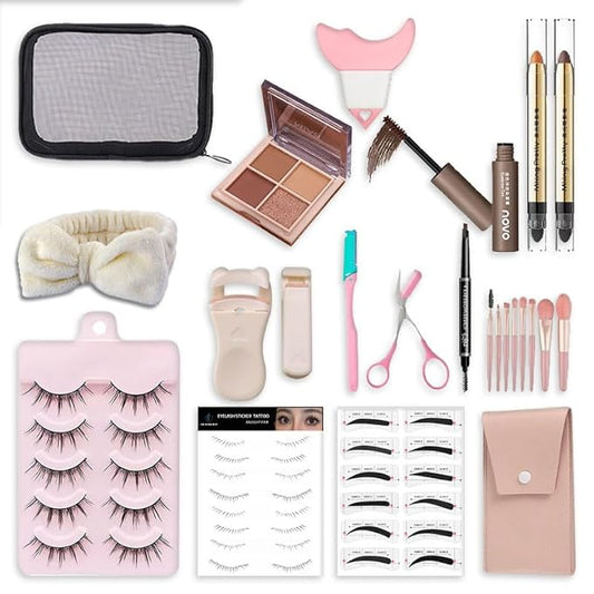 All-In-One And Portable Beginner Makeup Kit, Including Mascara, Eyeshadow Pencil, Eyeshadow Palette, Beauty Brush Set, Eyebrow Shaping Set And Other Props-BrightBean Baby