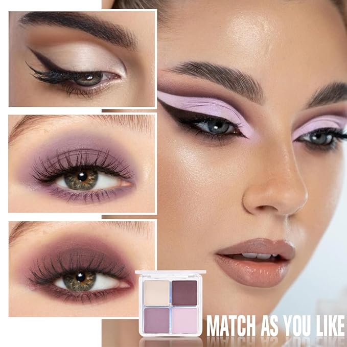 4 Colors Light Violet Pink Purple Brown Eye Shadow Powder Palette Makeup, Neutral Matte Shimmer Quads Eyeshadow Palette for Women Highly Pigmented Waterproof, paleta de sombras de ojos,Vegan 02-BrightBean Baby